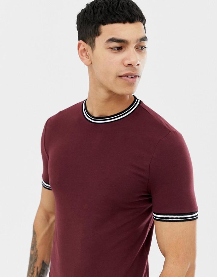 Asos Design Muscle Fit T-shirt With Tipping In Burgundy - Red