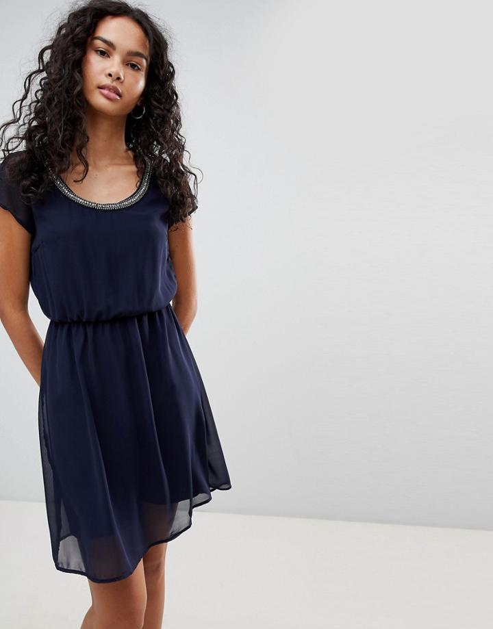 Only Nete Dafne Dress With Beaded Neck Trim - Navy