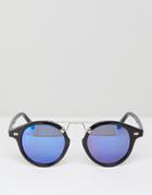 7x Round Sunglasses With Blue Mirror Lens - Black
