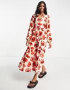 Monki Oversized Midi Dress With Tiered Skirt In Oversized Poppy Print-multi