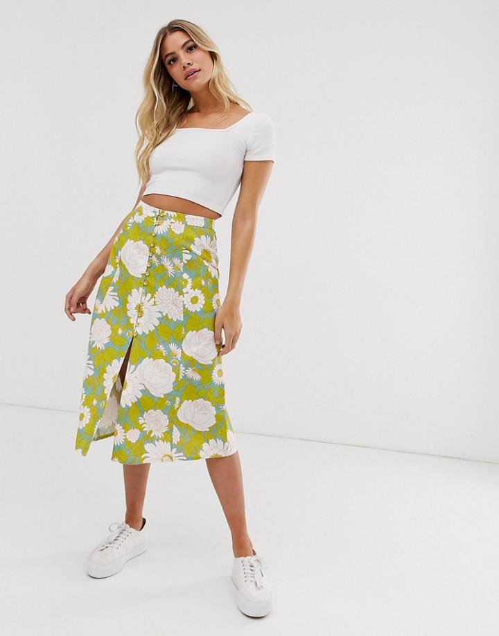 Asos Design Button Front Midi Skirt In Vintage Floral Print-multi