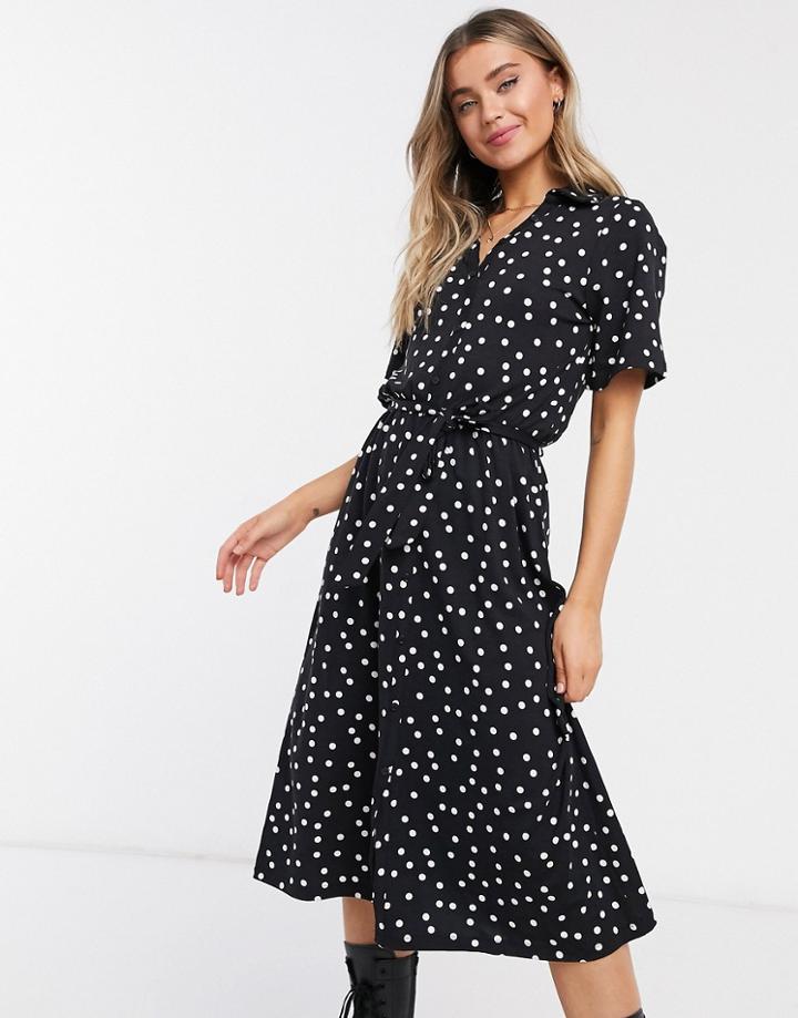 Asos Design Midi Button Through Shirt Dress In Black Polka Dot