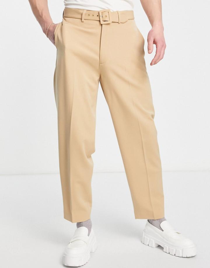 Asos Design Smart Oversized Tapered Pants With Belt In Stone-neutral