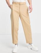 Asos Design Smart Oversized Tapered Pants With Belt In Stone-neutral