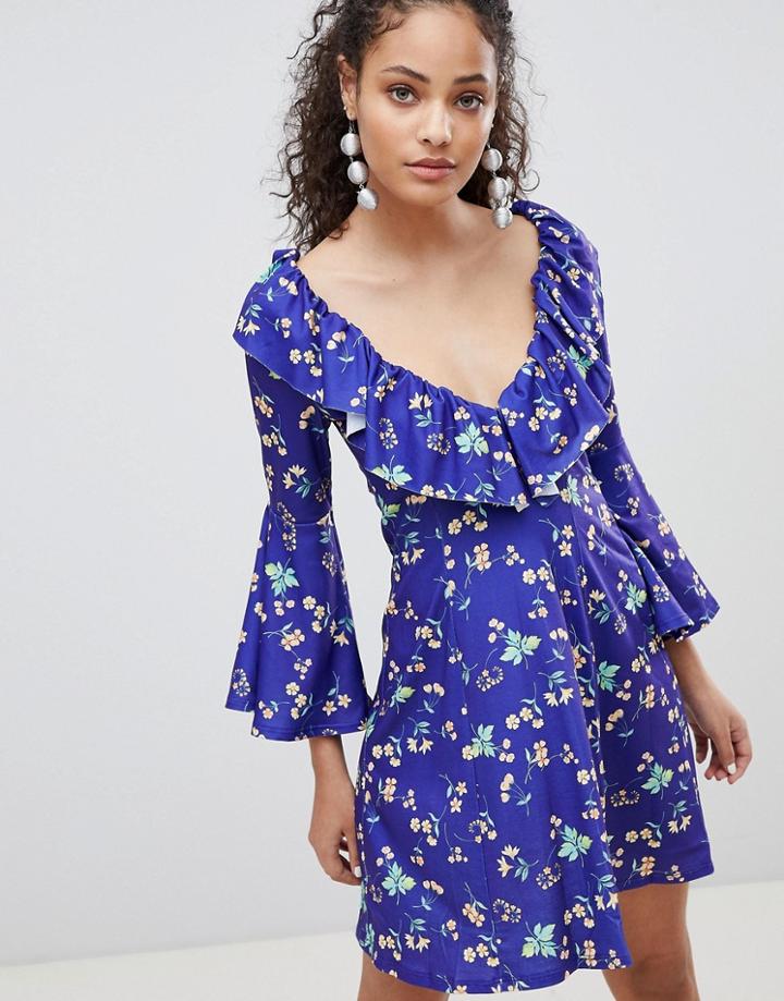Asos Swing Dress With V Back And Frill In Ditsy Floral Print-multi