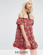 Milk It Vintage Off Shoulder Mini Festival Dress With Lace Up Choker In Paisley - Red