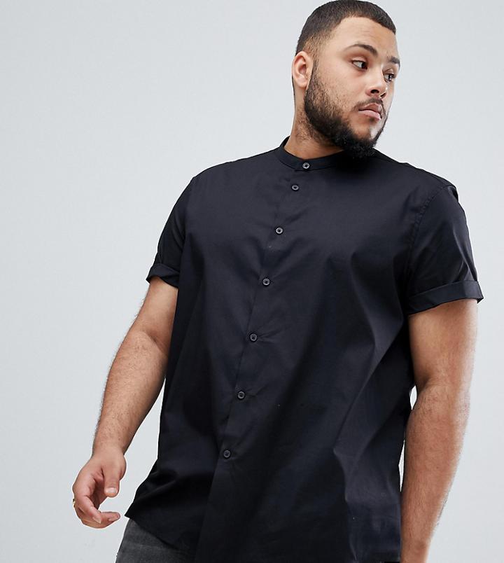 Asos Design Plus Regular Fit Shirt In Black With Grandad Collar - Black