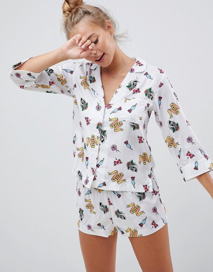 Asos Design Frida Kahlo Traditional 100% Modal Short Set - Multi