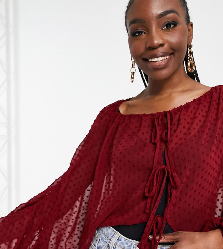 Asos Design Tall Long Sleeve Sheer Textured Plunge Top In Dark Red-no Color