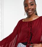 Asos Design Tall Long Sleeve Sheer Textured Plunge Top In Dark Red-no Color