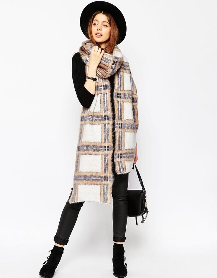 Asos Extra Fluffy Long Check Scarf - Off White