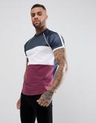 Asos Raglan T-shirt With Curved Hem And Contrast Color Block - Navy