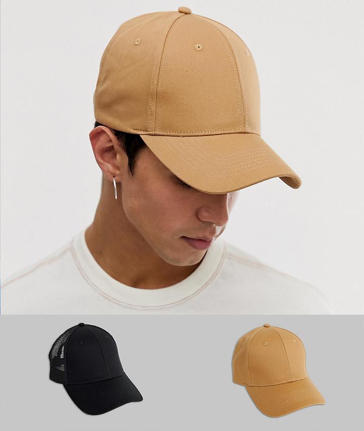 Asos Design 2 Pack Camel Baseball Cap And Black Trucker - Black