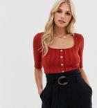 Stradivarius Ribbed Button Front Square Neck Top In Terracotta - Red