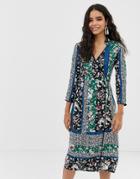 Miss Selfridge Midi Wrap Dress In Mixed Floral - Green