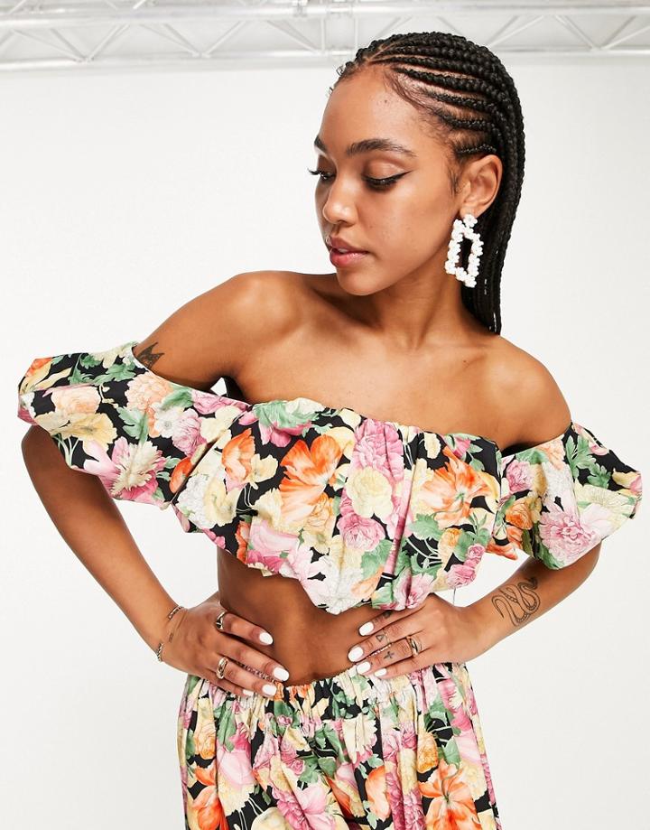 Asos Edition Off Shoulder Puff Crop Top In Dark Floral Chintz Print-multi