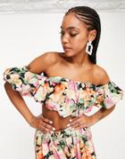 Asos Edition Off Shoulder Puff Crop Top In Dark Floral Chintz Print-multi