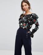 Vila Floral Printed Long Sleeve Ruffle Top - Black