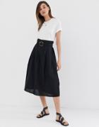 Asos Design High Waist Midi Skirt With Tortoise Shell Buckle And Contrast Stitching-black