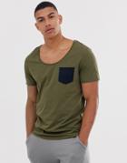 Asos Design T-shirt With Deep Scoop Neck And Contrast Pocket In Green