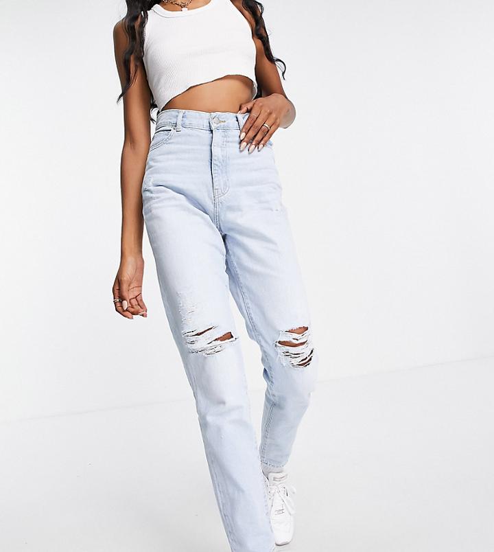 Dr Denim Tall Nora High Rise Mom Jeans With Ripped Knees In Bleach Wash Blue-blues