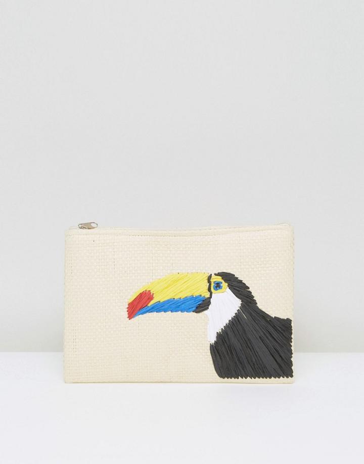 South Beach Toucan Embroidered Straw Clutch Bag - Multi