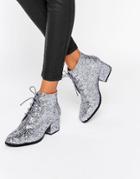 London Rebel Glitter Lace Up Kitten Heel Ankle Boot - Silver