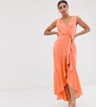 Flounce London Wrap Front Midaxi Dress In Tangerine - Orange