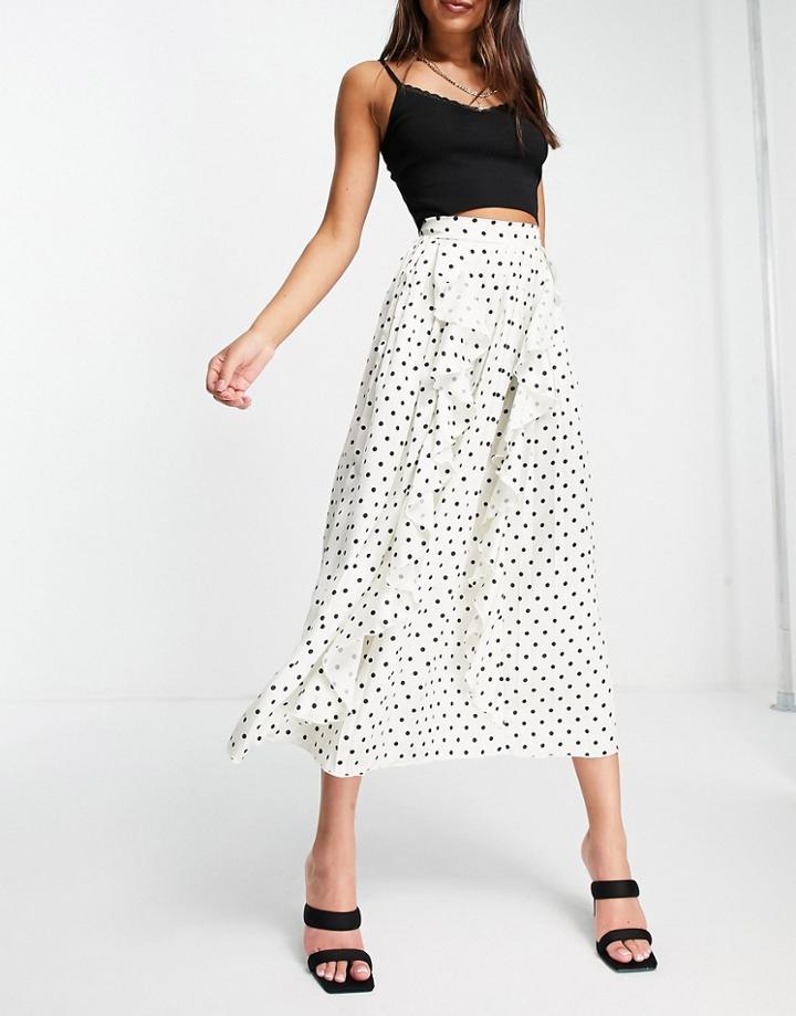 Little Mistress Pleated Midi Skirt With Ruffle Details In Cream Polka Dot-multi