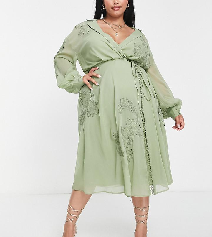 Asos Design Curve Floral Embrodiered Midi Dress With Lace Insert And Satin Tie Detail In Sage-green
