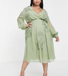 Asos Design Curve Floral Embrodiered Midi Dress With Lace Insert And Satin Tie Detail In Sage-green