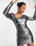 Asos Design Asymmetric Fallen Shoulder Ruched Mini Dress In Metallic Silver