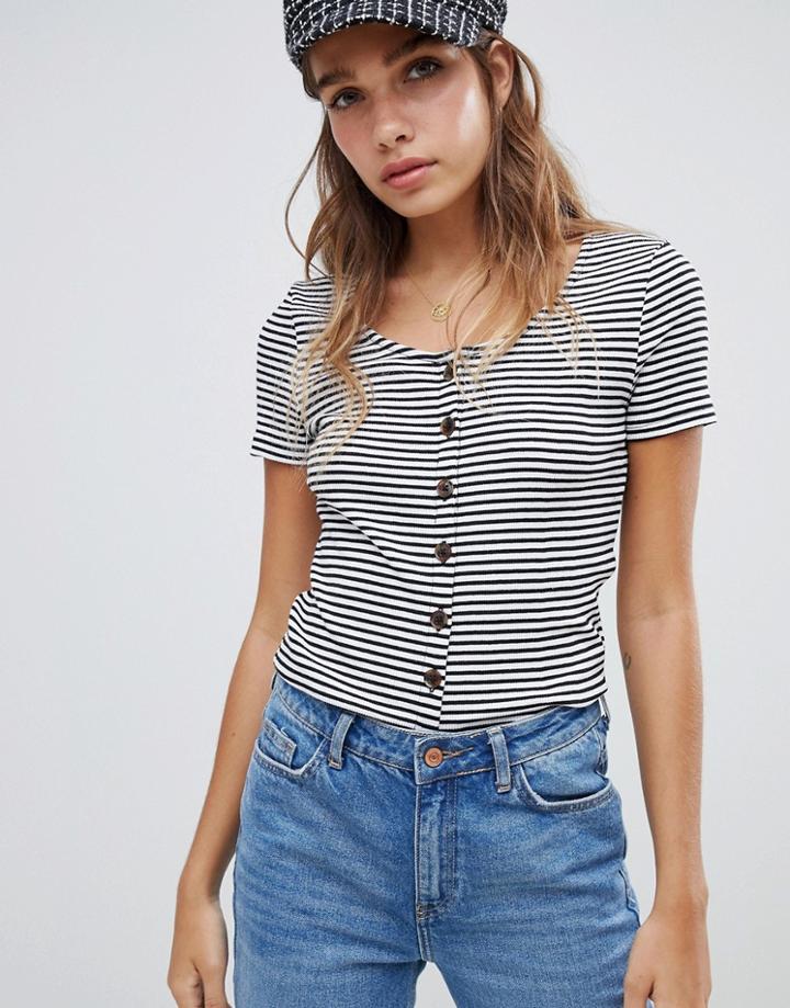 New Look Stripe Rib Button Through Tee - Multi