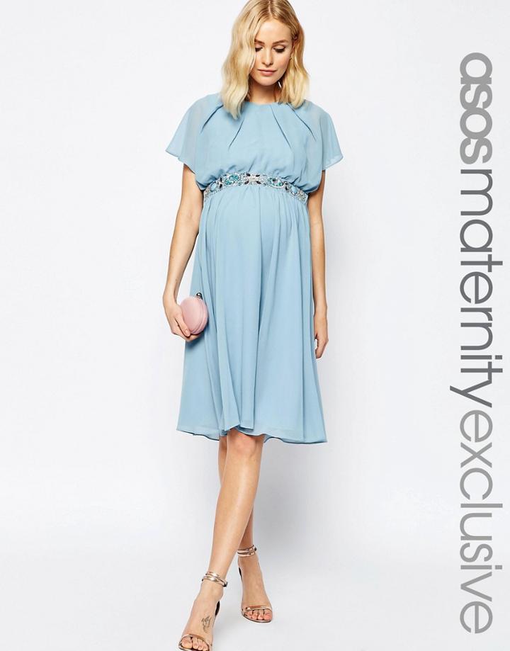 Asos Maternity Flutter Sleeve Midi Dress With Embellished Waist Trim - Blue