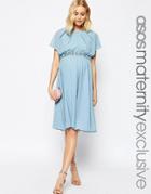 Asos Maternity Flutter Sleeve Midi Dress With Embellished Waist Trim - Blue