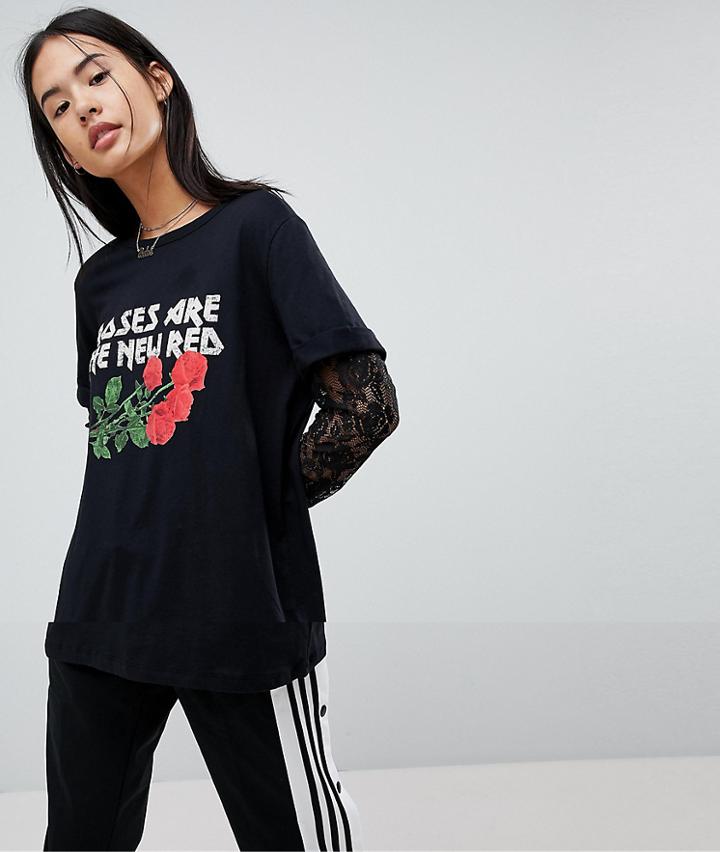 Noisy May Graphic T-shirt With Lace Sleeves-red