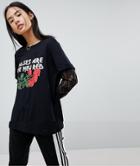 Noisy May Graphic T-shirt With Lace Sleeves-red
