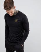 Siksilk Long Sleeve Top In Black With Gold Logo And Sleeve Detail - Black