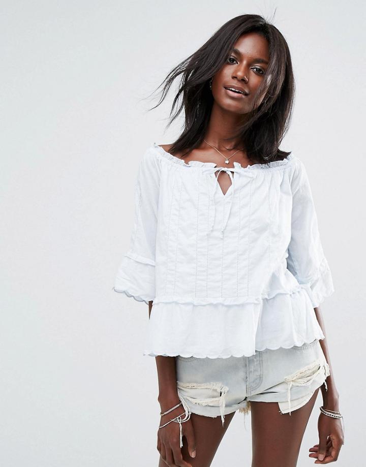 Abercrombie & Fitch Off The Shoulder Peasant Top With Cuff Detail - Blue