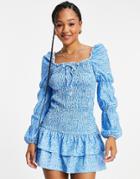 Asos Design Shirred Mini Dress With Long Sleeves In Blue Ditsy Floral-blues