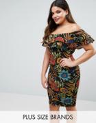 Ax Paris Plus Midi Dress With Bardot Frill In Floral Print - Multi