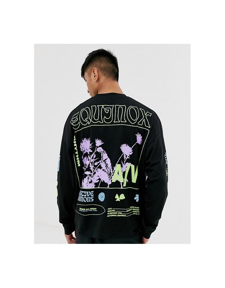 Asos Design Oversized Heavyweight Long Sleeve T-shirt With Back And Sleeve Print-black