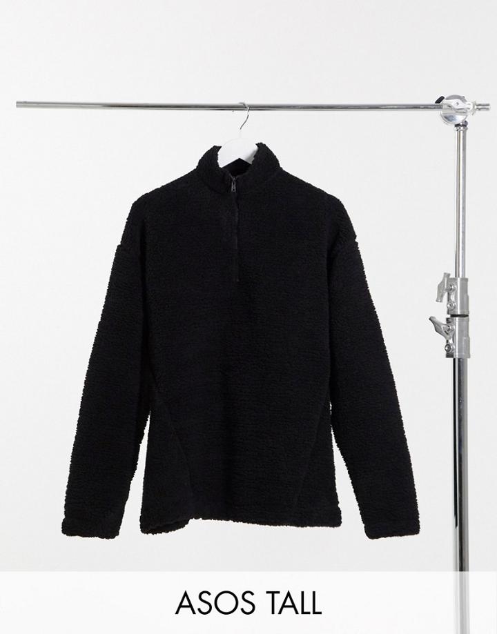 Asos Design Tall Oversized Half Zip Track Neck Sweatshirt In Black Teddy