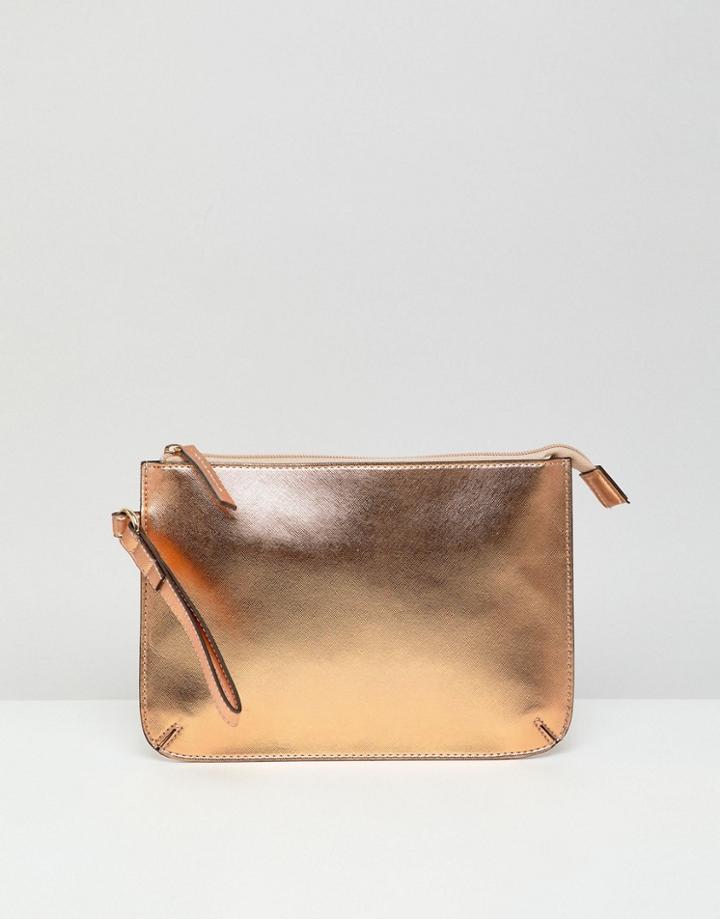 Asos Design Zip Top Wristlet Clutch Bag In Rose Gold - Copper