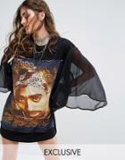 Sacred Hawk T-shirt Dress With Sheer Wide Sleeves And Tupac Print - Black