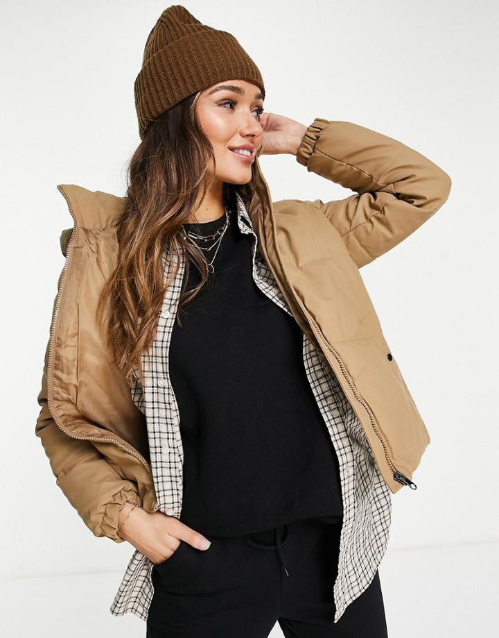 Vero Moda Padded Jacket With Hood In Tan-brown