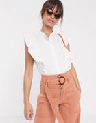 Asos Design Sleeveless Shirt With Frill Detail In Cotton-white