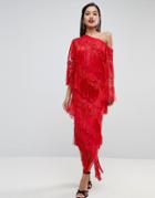 Asos Edition Embroidered One Shoulder Fringe Midi Dress - Red