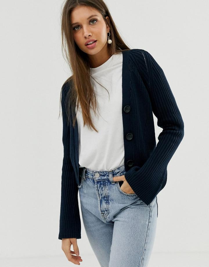 Asos Design Cropped Boyfriend Cardigan In Rib - Navy