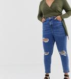 New Look Curve Ripped Mom Jean In Mid Blue - Blue